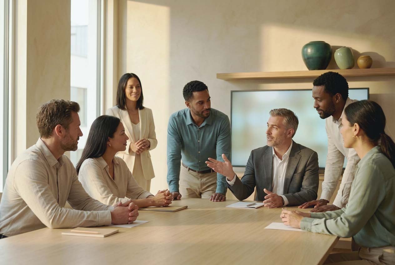 Photo placeholder: The executive team in a high-energy, productive session